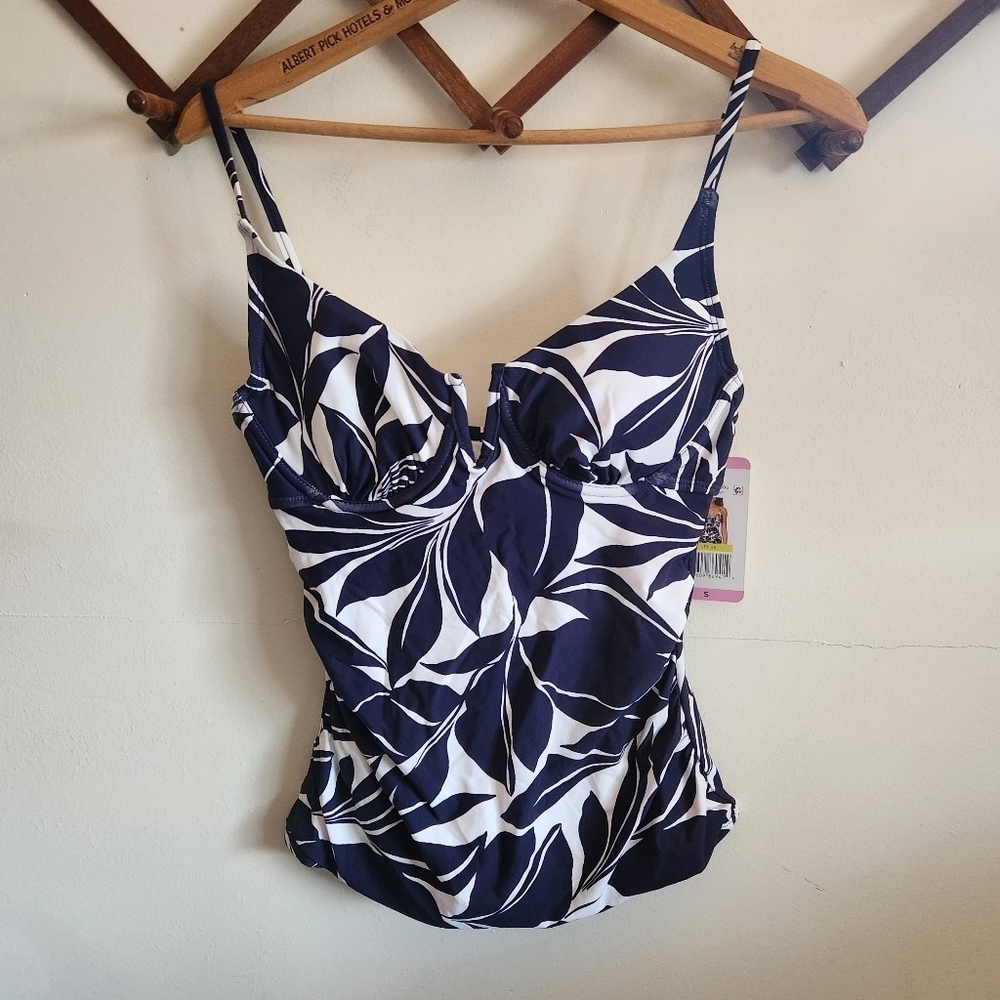 NWT Anne Cole Tankini Bakini Swim Top Tank Navy White Small S